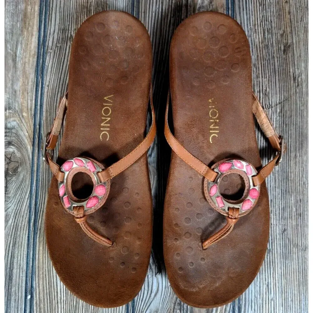 Vionic 340 Ricci Women Thong Sandal Flip Flop Brown‎ Leather Beaded Size 10